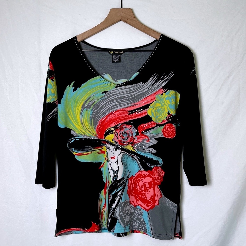 Valentina Womens Graphic Art Rhinestone V-Neck 3/4 Sleeve Top Size M Black